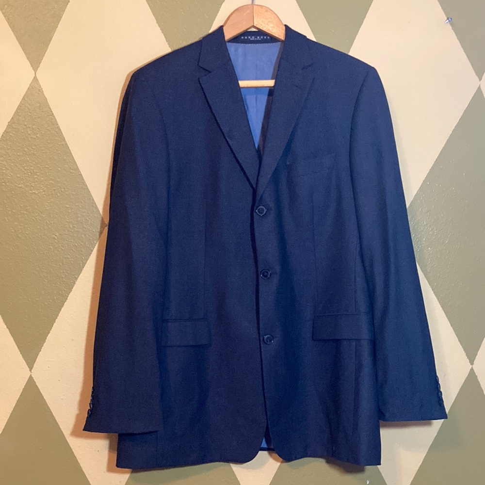Hugo Boss Navy Blue Suit Jacket Wool Scorsese Movie Three Button Side Vents 44L